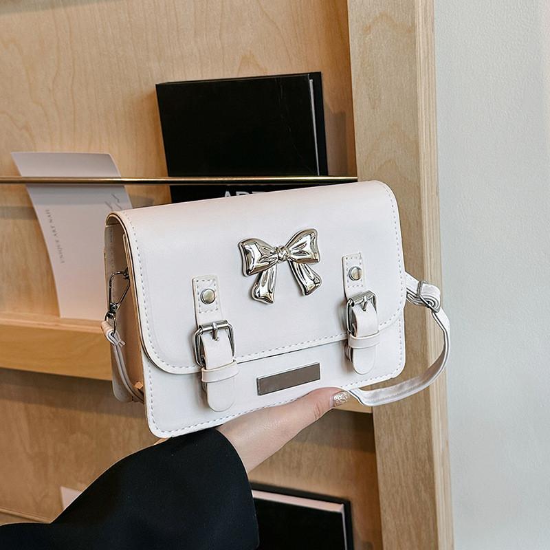 Stylish Minimalist Bow Accent Color Block Small Square Shoulder Bag For Women White