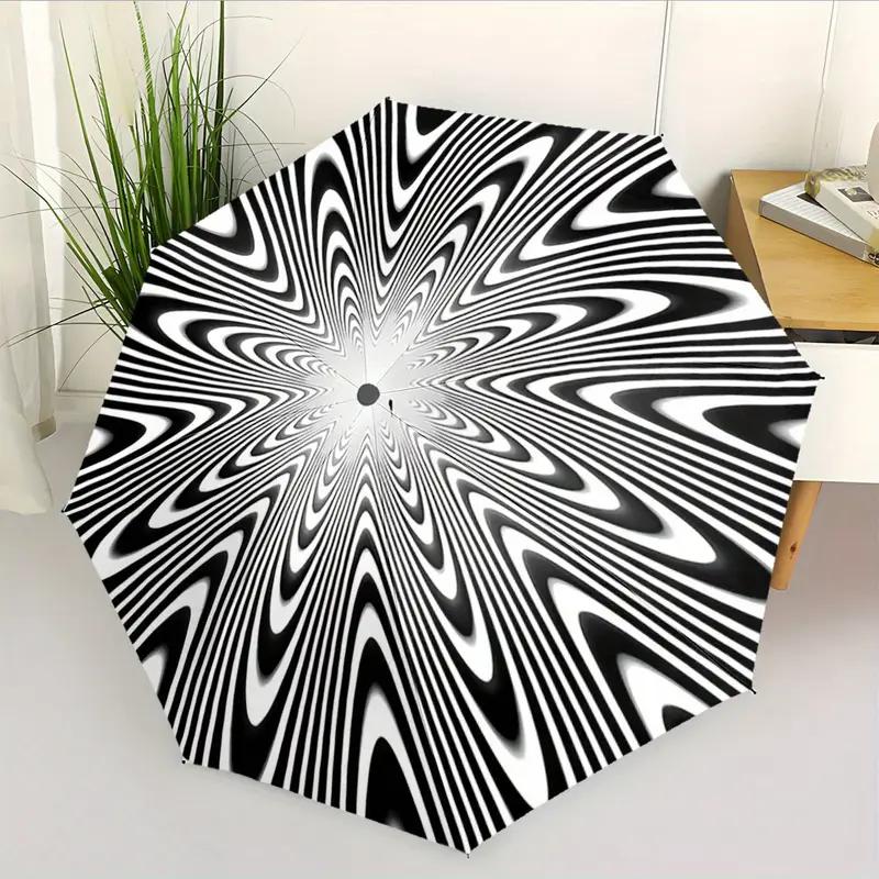 Automatic Open/Close Umbrella with Optical Illusion Design - Black And White Radiating Pattern, Compact Folding Umbrella, Stur