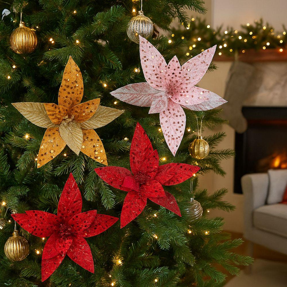 25cm Simulation Glitter Flower Realistic Xmas Tree Ornaments Poinsettia Flower New Year Decor