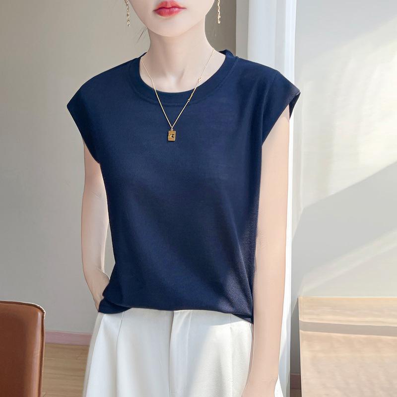 2026 Spring Women's Puff Sleeve Knit T-Shirt - Solid Color, Round Neck