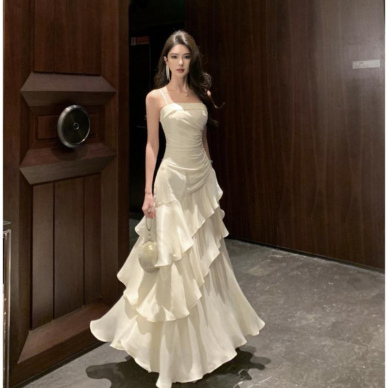 Real Shot Niche Light Luxury High-end Suspender Dress Adult Ceremony Fishtail Birthday Party Dress Ruffle Leaf Edge Long Skirt