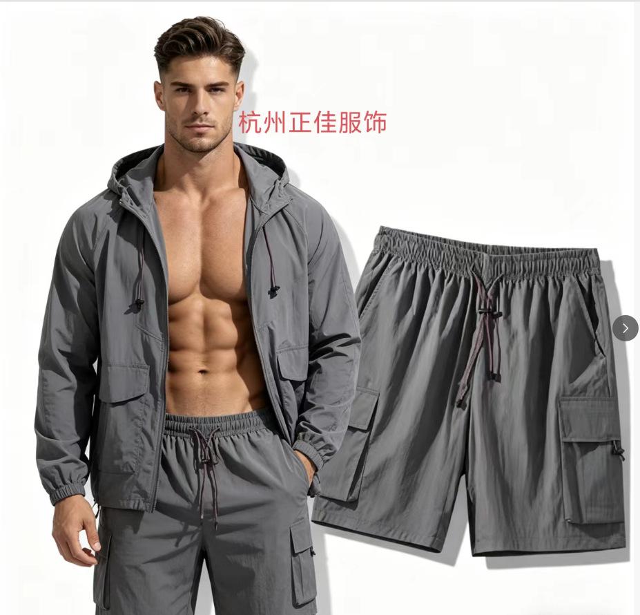 Conjunto de Dos Piezas para Hombre con Sudadera con Capucha, Chaqueta Protectora del Sol y Pantalones Cortos