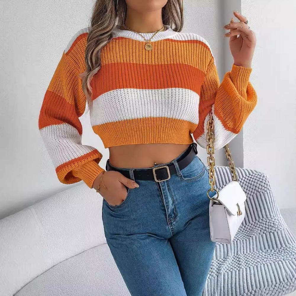 Autumn/Winter Casual Colour-Blocked Lantern Sleeve Pullover with Cropped Hem for Women