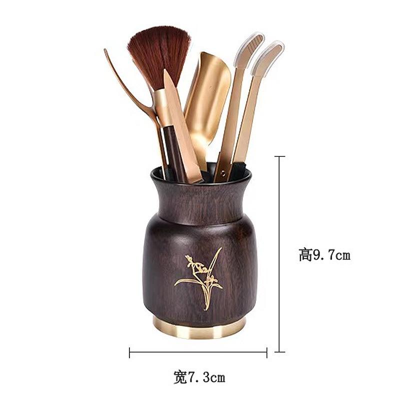 1pcs Multifunctional Ebony Wood Pen Holder Chinese Style Engraved Desktop Organizer Retro Wooden Desk Decor Business Gift Box