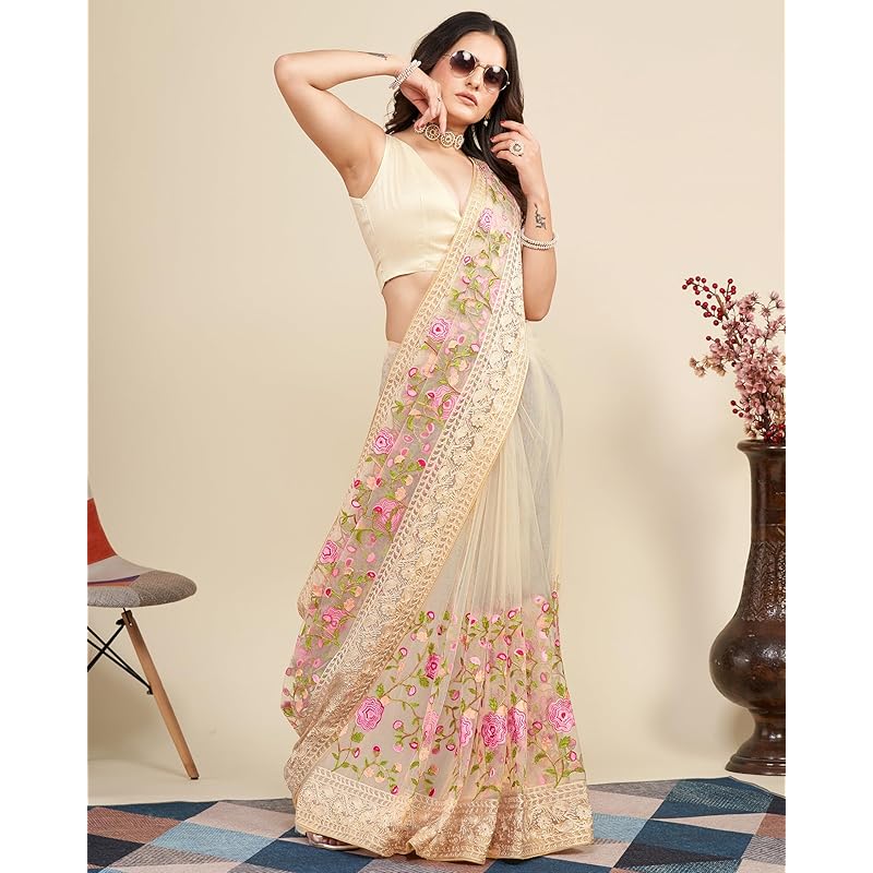 VAIRAGEE Women Soft Net Biege Embroidery Saree 6079_1 Free Size бежевый