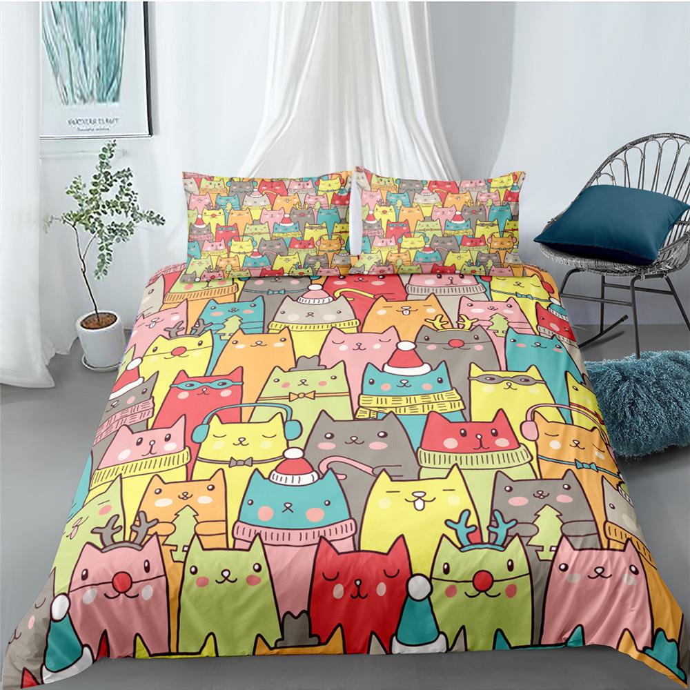 Classic Modern Cartoon Cat for Kids Girl Polyester Kitten 2 3pcs Animal Single Twin Queen King Quilt
