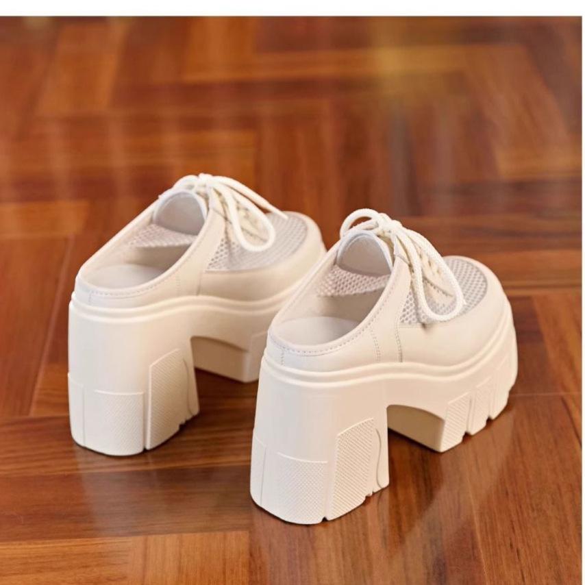 Height-increasing heel bag head slippers women's outer wear 2025 new muffin thick bottom half-drag mesh yarn hollow breathable sandals