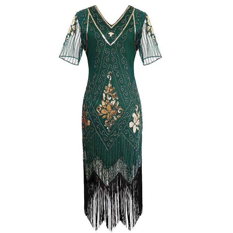 1920s Gatsby V-neck Evening Gown with Embroidered Beading and Sequins Short Sleeve Formal Dress