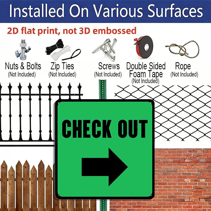 2D Flat 1pc Square Metal Hanging Aluminum Plaque, Green CHECK OUT Right Arrow Directional Sign, Direction Indicator Decor for Grocery Store