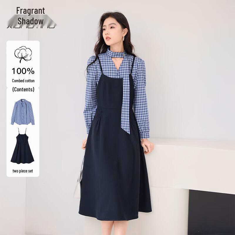 Xiangying Women s Plaid Shirt & Strap Dress Two-Piece Set S