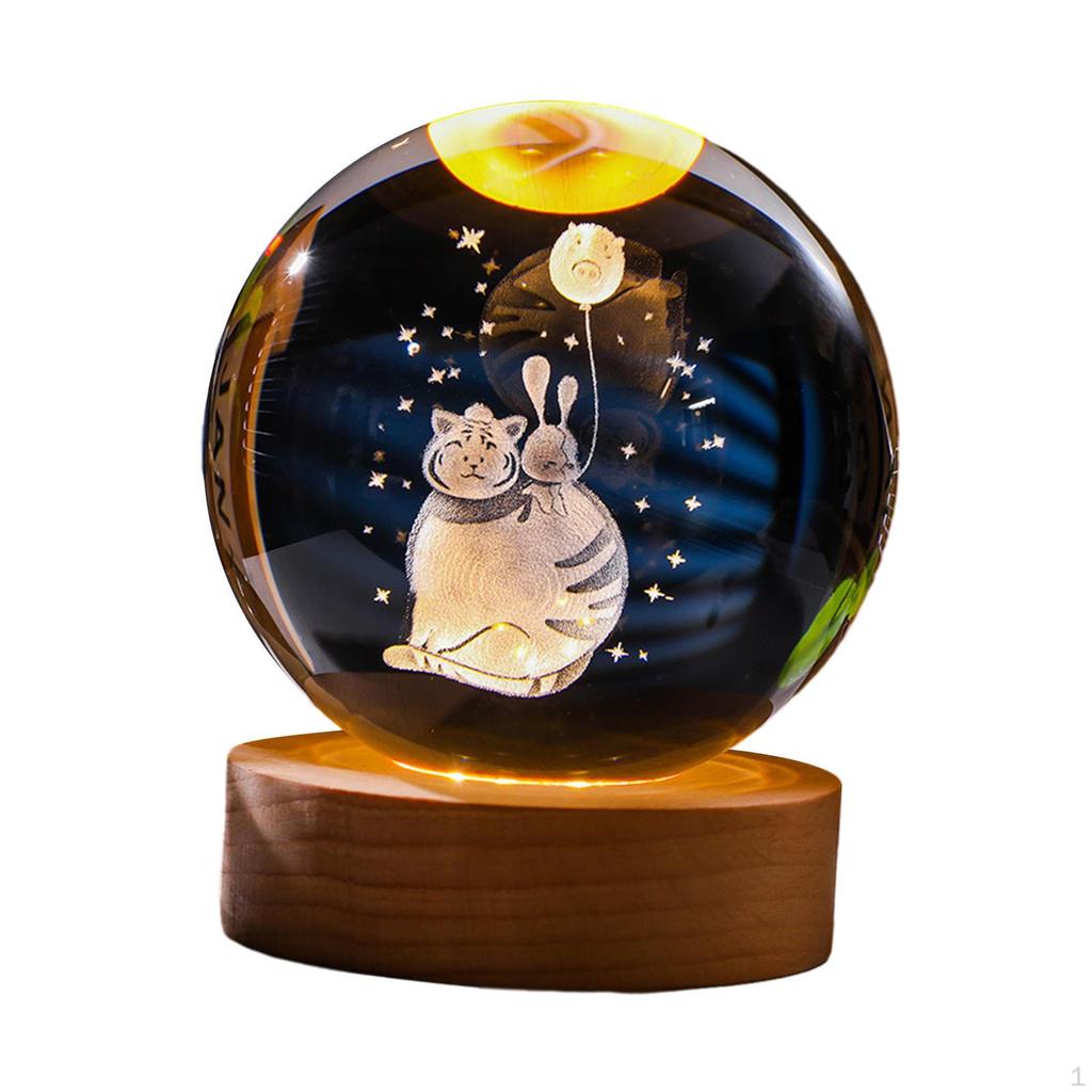 2.4inch 3D Artificial Crystal Ball Night Light Desk Decoration Wooden Base for Housewarming,