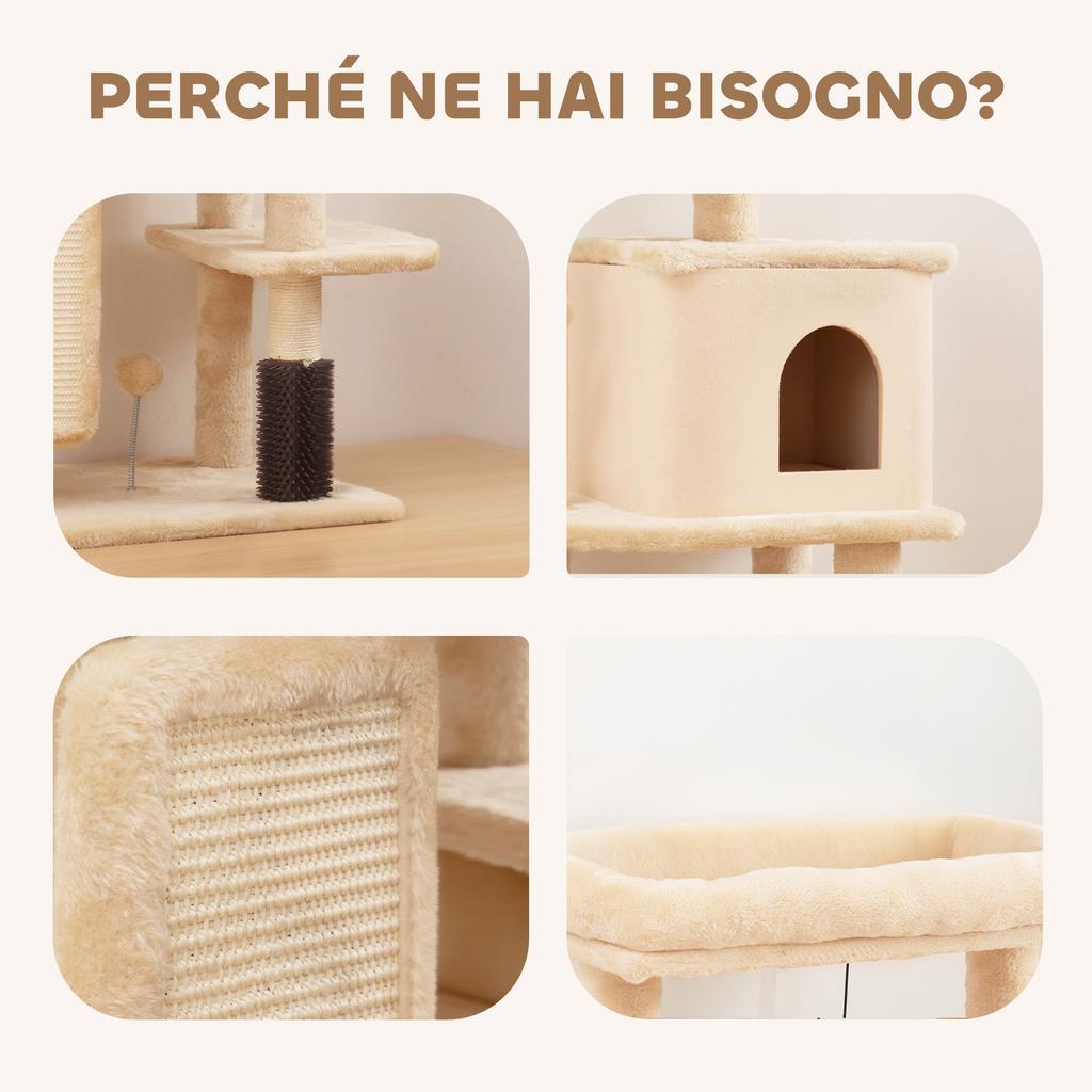 132cm Multi-Level Cat Tree with House, Bed, Scratching Posts, Brush and Ball, Beige