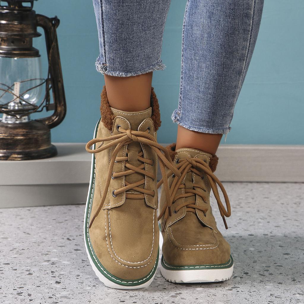 Divatos Cipők Női 2024 Forró Akció Fűzős Női Csizmák Téli Kerek Orrú Kevert Színű Flock Plüss Meleg Kényelmes Alacsony Sarkú Csizmák