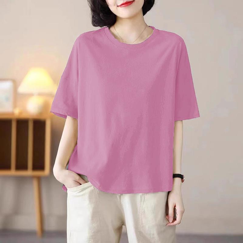 Solid Color Round Neck Short-sleeved Top Summer New Versatile Niche Good-looking Large-size Women's T-shirt Ins