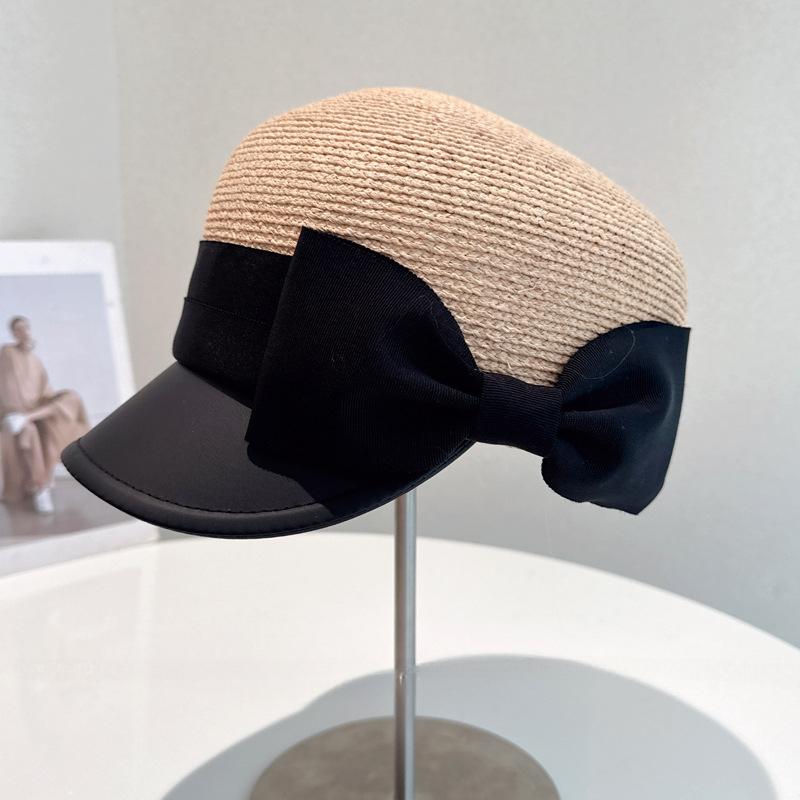 

Light luxury fashion Japanese leather brim raffia patchwork bow equestrian hat women s summer outdoor sun shade straw hat M 56-58cm чорний