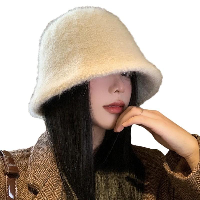 Weißer gestrickter Kaninchenfell-Bucket-Hat für Damen, neu für Herbst und Winter, großer Kopfumfang, Beckenhut, hochwertiges Gefühl, Hut für ein kleines Gesicht