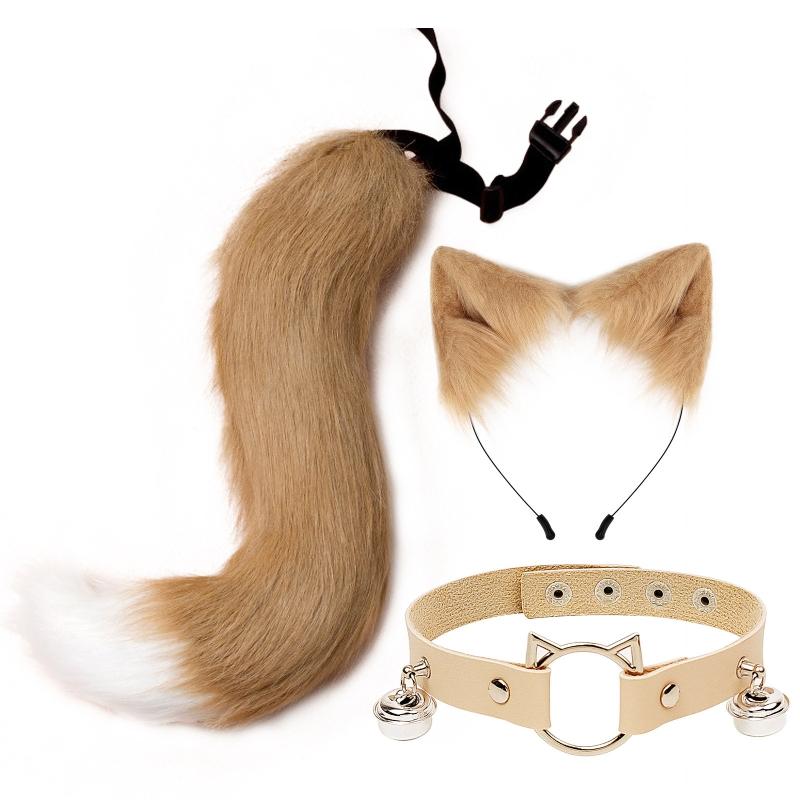 Fluffy for CAT Ears Hair Hoop Bell Leather Collar Animal Tail Set Cosplay Costum Drop Shipping