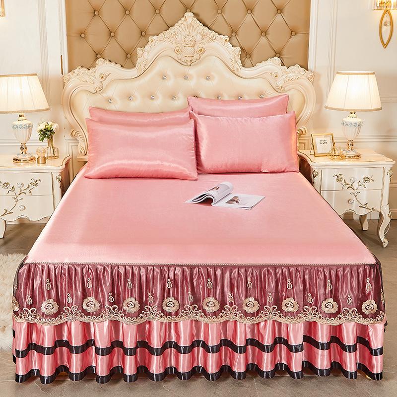 Blondertilpasset laken Luksus sengetøysett Romantisk ismatte sammenleggbare broderte laken Lin Sengetøy Queen Sengeteppe med skjørt