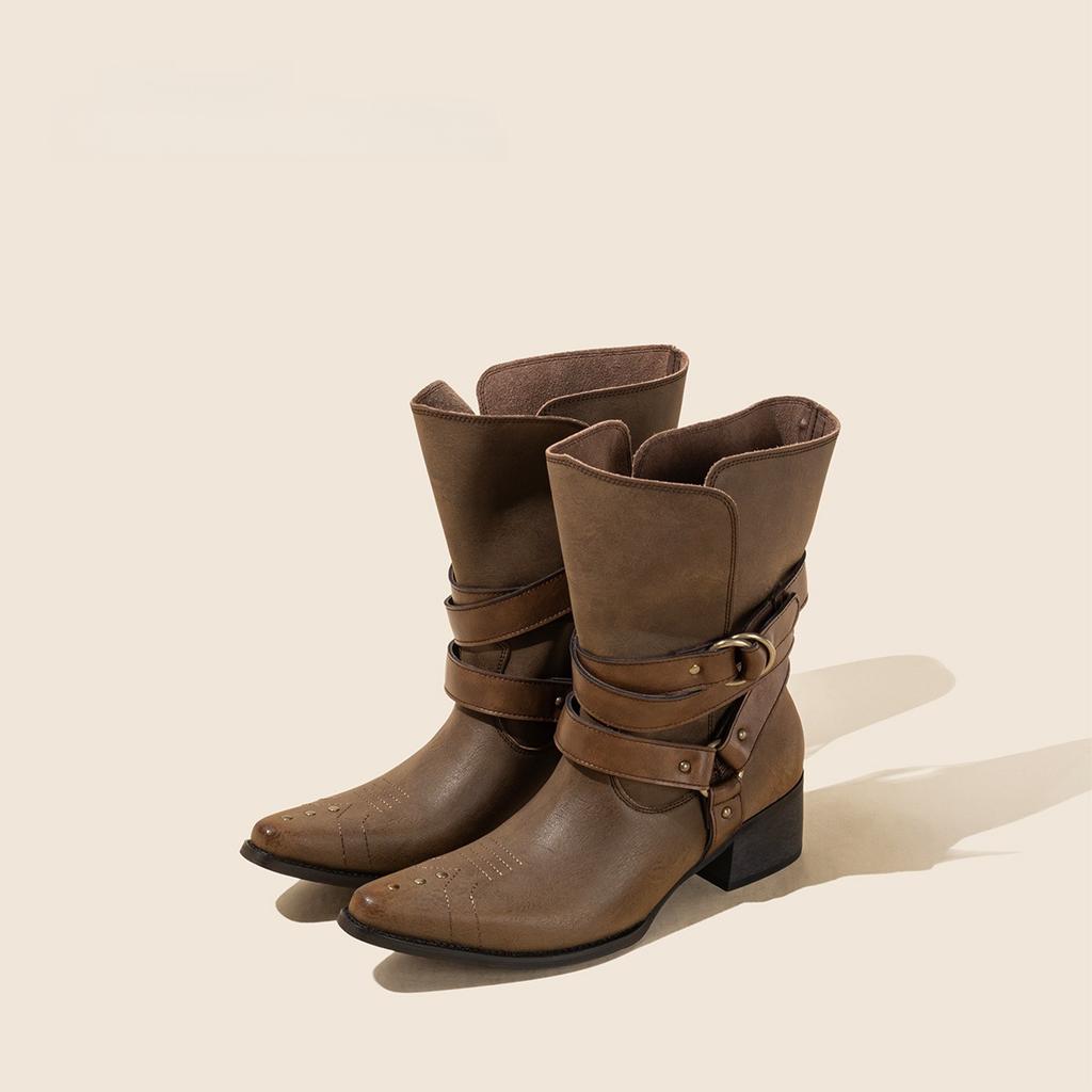 Brown pointed short boots women's 2025 autumn and winter new old wasteland wind boots embroidered western cowboy boots