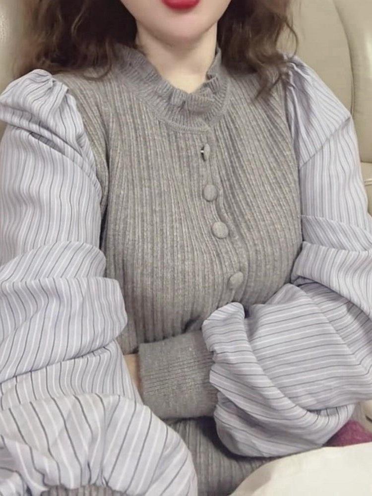 Cool Grey Patchwork Knit Ruffle Trim Slimming Long Sleeve Shirt