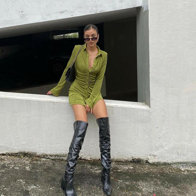Sexy Mini Slim Dress Women Green Club Party Dress Turn-Down Collar Button Short Dresses Female Elegant Streetwear Shirt