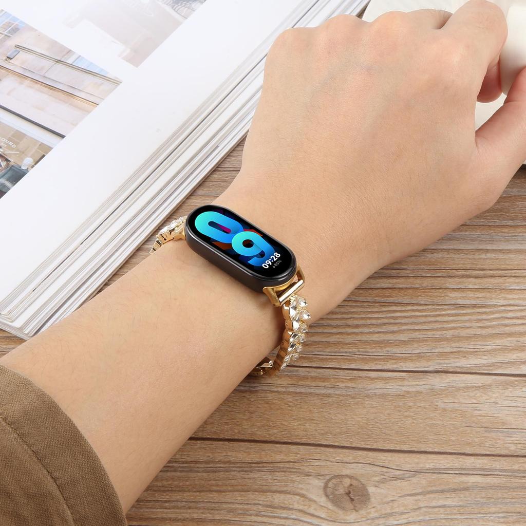 Metal Watch Strap For Xiaomi Smart Band 9 NFC/9/8 Wheat-Shaped Rhinestone Adjustable Wrist Band Replacement Bracelet
