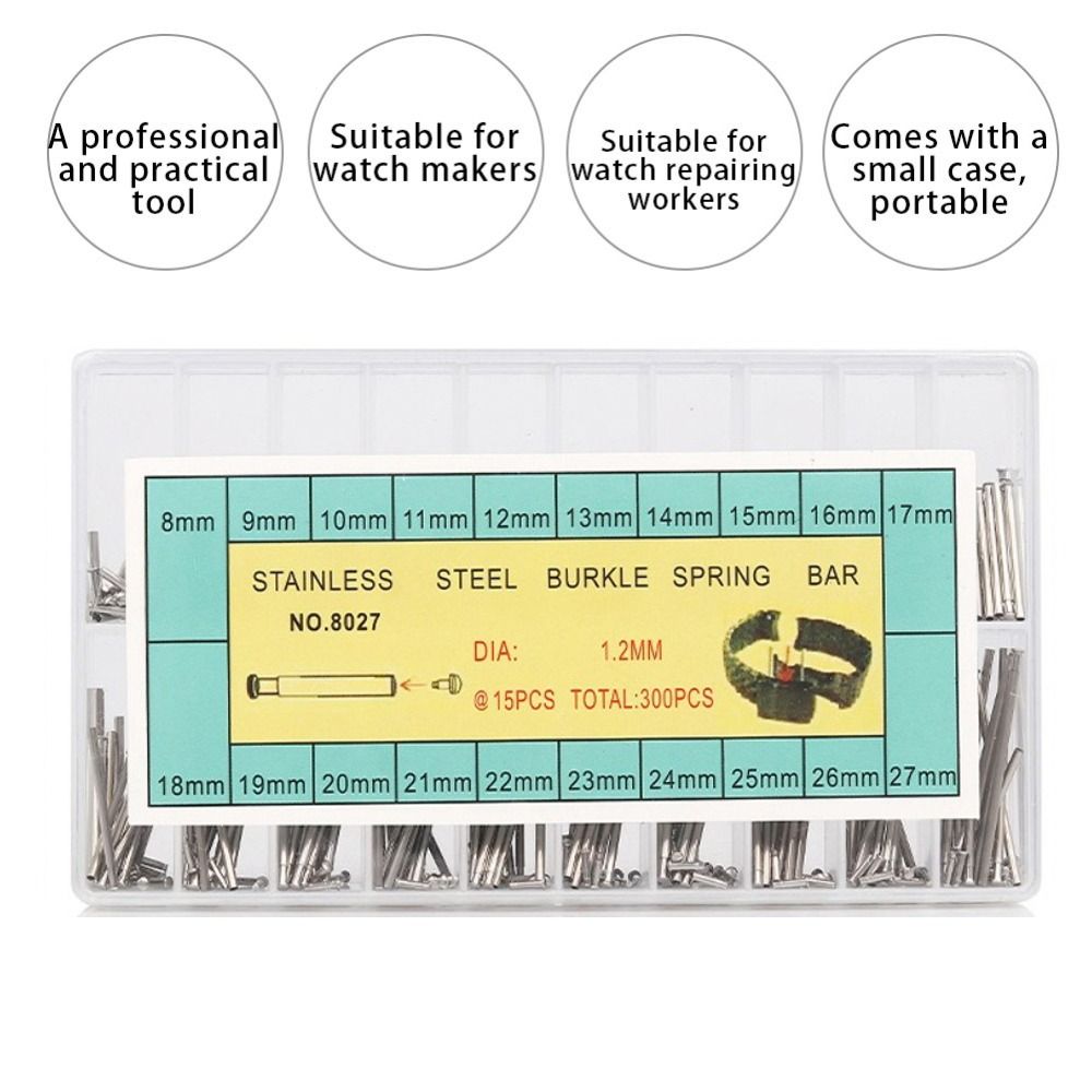 300pcs Complete Set 1.2mm Size Watch Band Spring Alloy Steel Silver Color Watch Link Pin Watch Spring Bar Watch Band Replacement