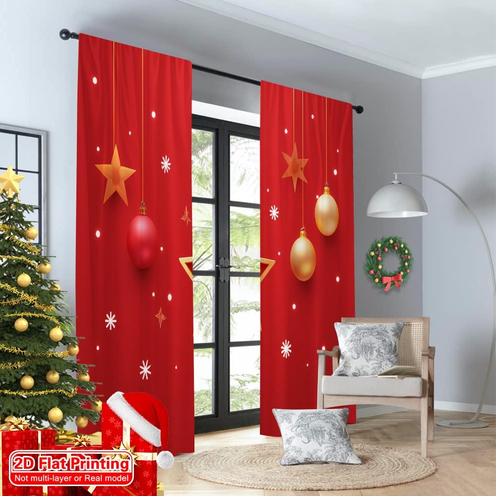 2pcs 2D Flat Printing Merry Christmas Window Curtains Christmas Red Star Snowflakes 100% Polyester Fabric Without Electricity