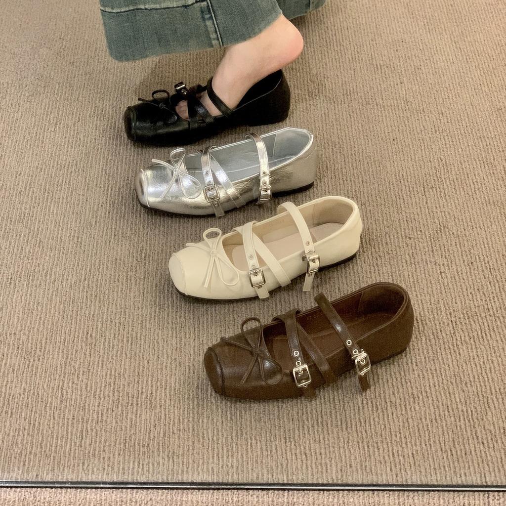 Soft-soled version~ Silver square-headed Mary Jane shoes for women's 2025 new French temperament ballet versatile small leather shoes