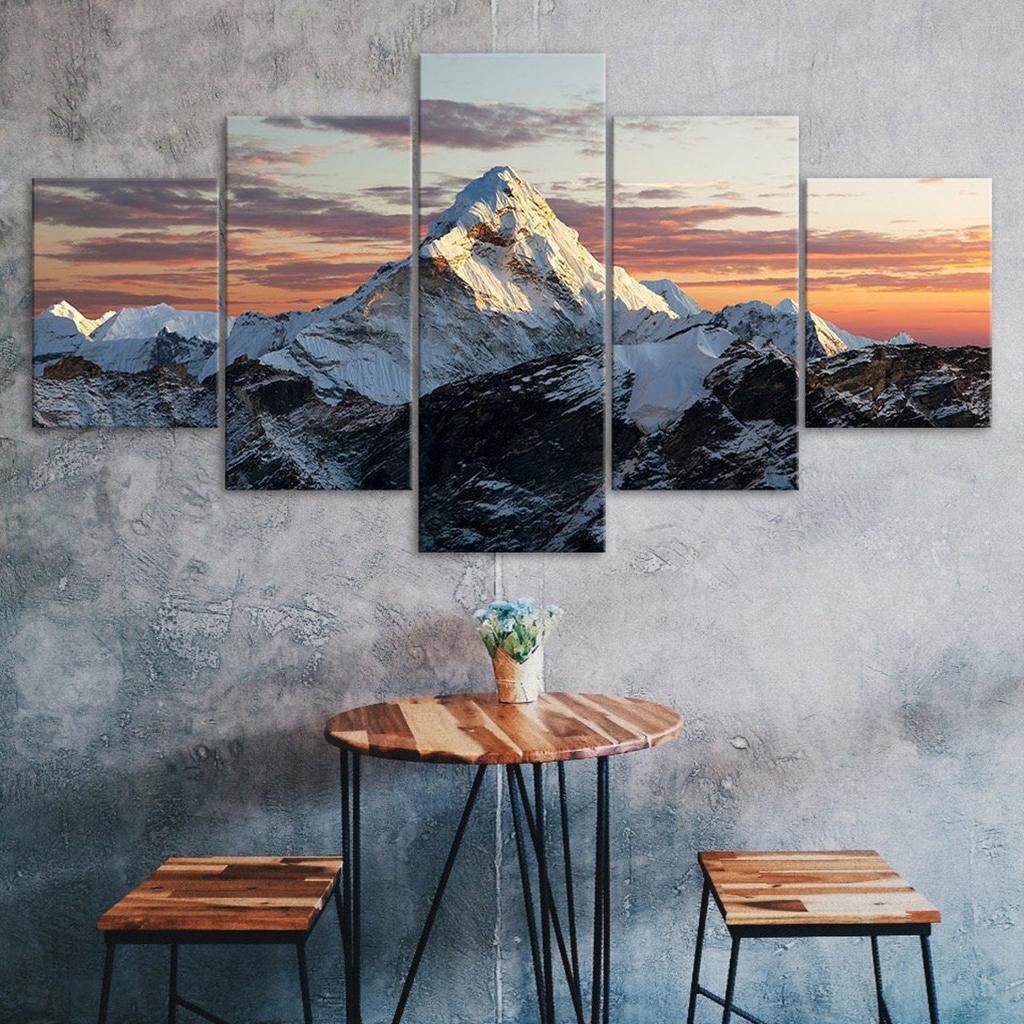 Snow Mountain Peak Sunset Canvas 5 Piece Five Panel Wall Print Modern Art Poster Home Decor Gift For Him For Her