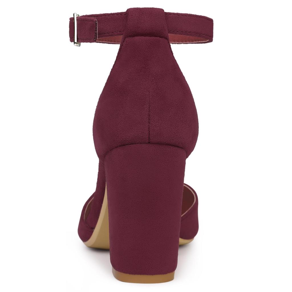 Allegra K Women's Burgundy Ankle Strap Pumps with Pointed Toe and Chunky Heel, Size 26.0cm