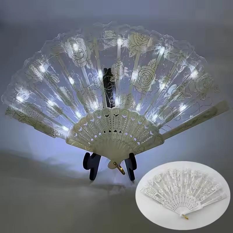 Light Up Folding Fan Lolita Dance Stage Performance Hand Fan LED Retro Dark Red Black Rose Fans Wedding Party Photograph Prop