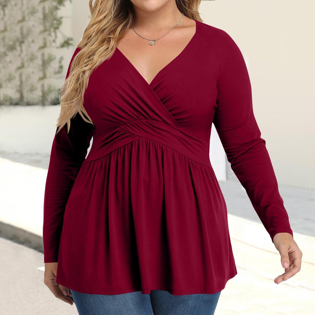 Women's Plus Size Shirt Long Sleeve  Print Top Pleated Casual V-Neck Top
