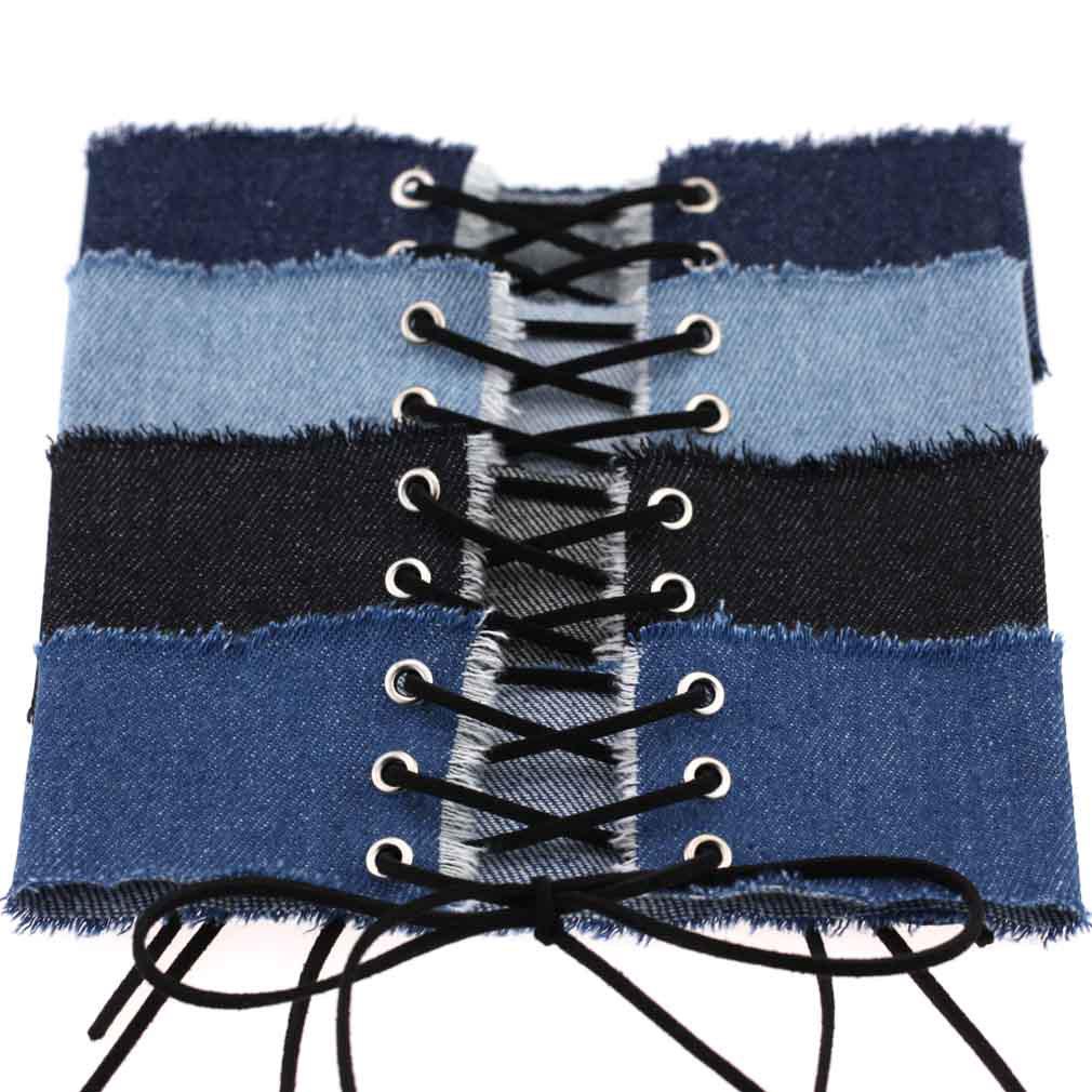 Blue Denim Bow Choker, Raw Edge Wide Denim Tie Bow Clavicle Neckband