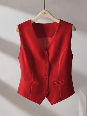 S-6XL Weste mit V-Ausschnitt und Knopfleiste vorne, elegante ärmellose Weste für Frühling und Herbst, Damenbekleidung