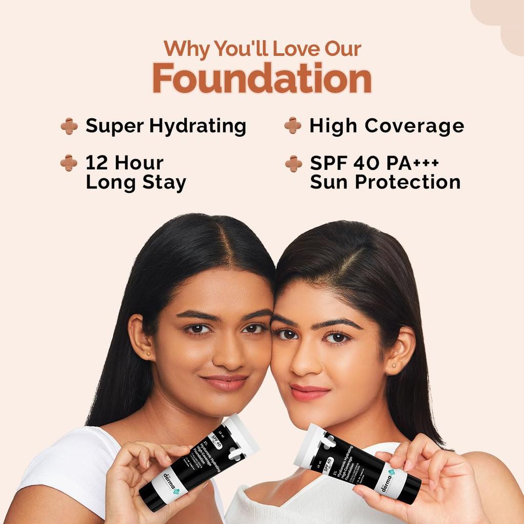 The Derma Co 1% Hyaluronsyra Återfuktande Hög Täckning Lystergivande Foundationkräm SPF 40 PA+++ 18ml (Kanel)