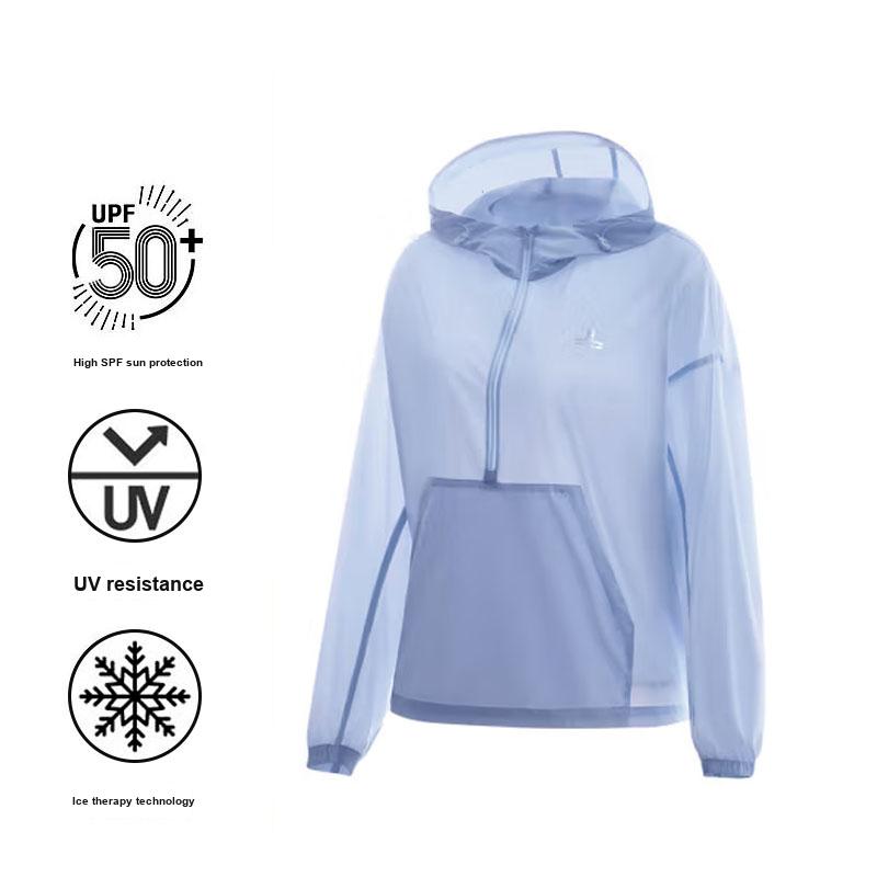 Lining Fitness Serie UPF 40+ Einfarbig Geometrischer Druck Reißverschluss Kapuzen-Sonnenschutzjacke Damenjacke Mojito-Blau AFDT528-1