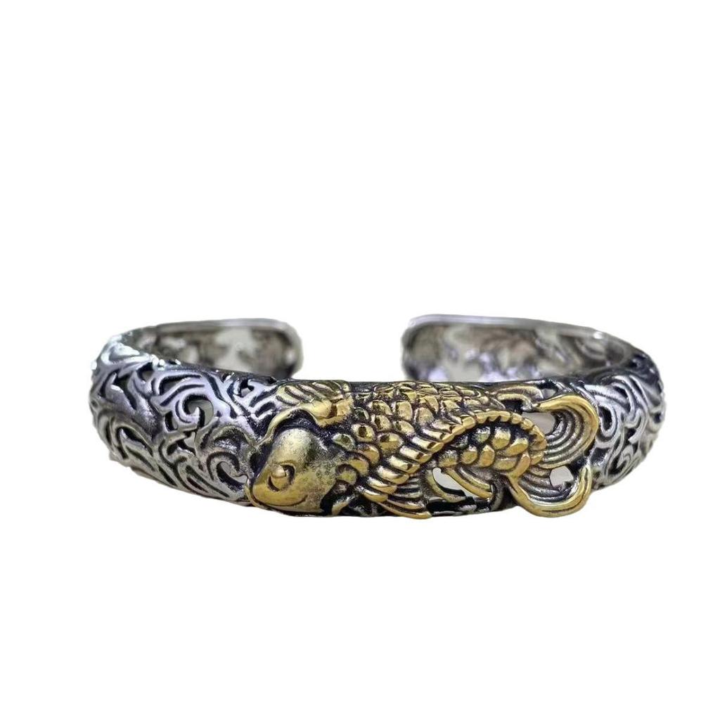 Yamagata Silver Men's Retro Open Bracelet with Miscolored Koi Arabesque Design