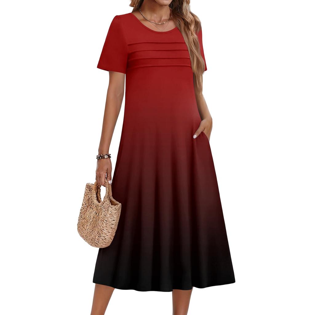 Ladies' Gradient Printed Casual And Fashionable Short Sleeved Round Neck Dress
