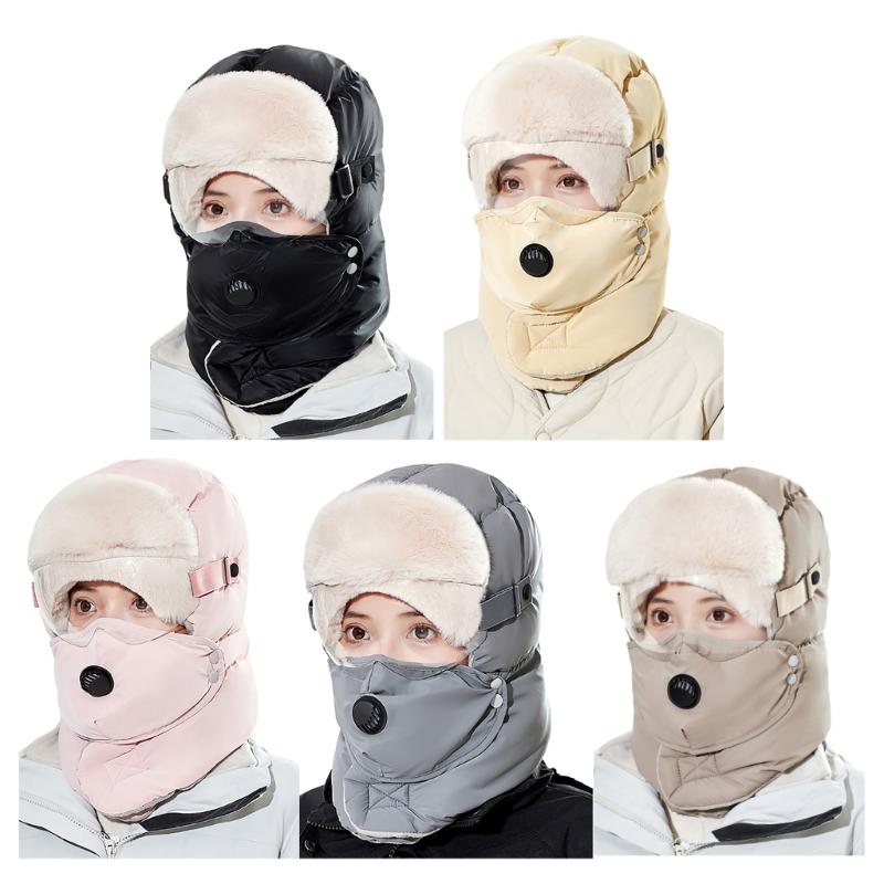 Winter Warm Ear Flap Caps Trapper Hat with Face Cover & Goggles Windproof Hat for Skating Skiing Outdoor Activities
