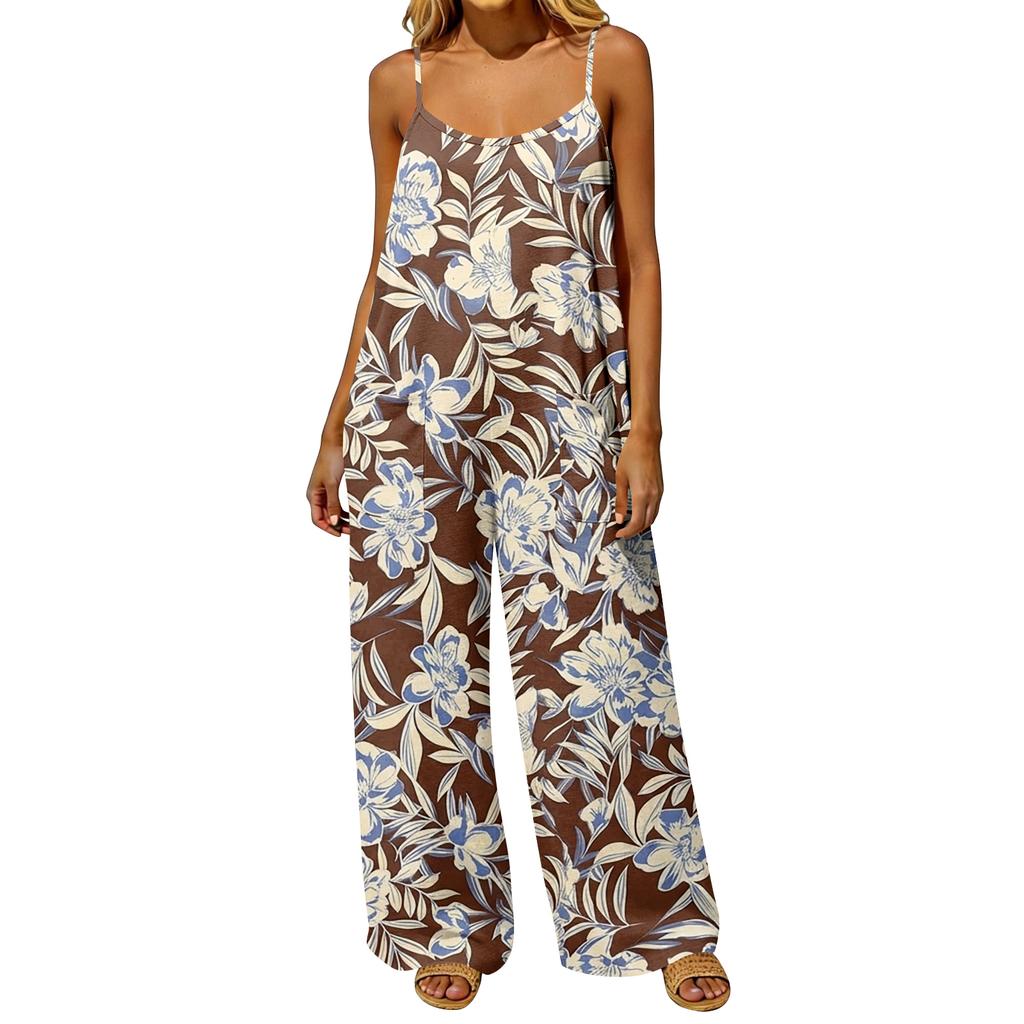 Casual Loose Fit Retro Style Women's Jumpsuit Suspender Pocketed Backless Romper Wide Leg Cotton Blend Fabric Comfortable