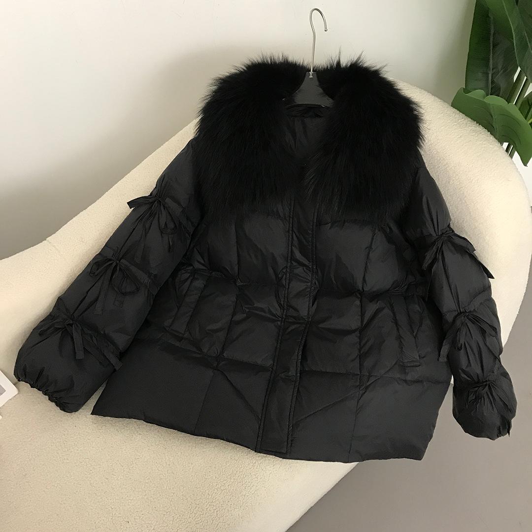 

Женская куртка на белом утином пуху 2024 года, зима/осень, с большим воротником из лисьего меха и галстуком-бабочкой Medium