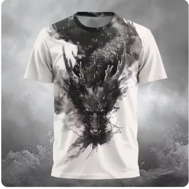 Fashion New Men s Chinese Loong Print Slightly Elastic Breathable Street Style Round Neck Tshirt Summer Outdoor High Street Top S