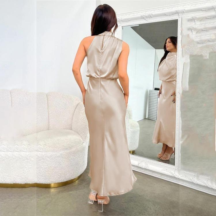 Elegant Women Summer Halter Sleeveless Long A-Line High Waist Solid Color Evening Dresses