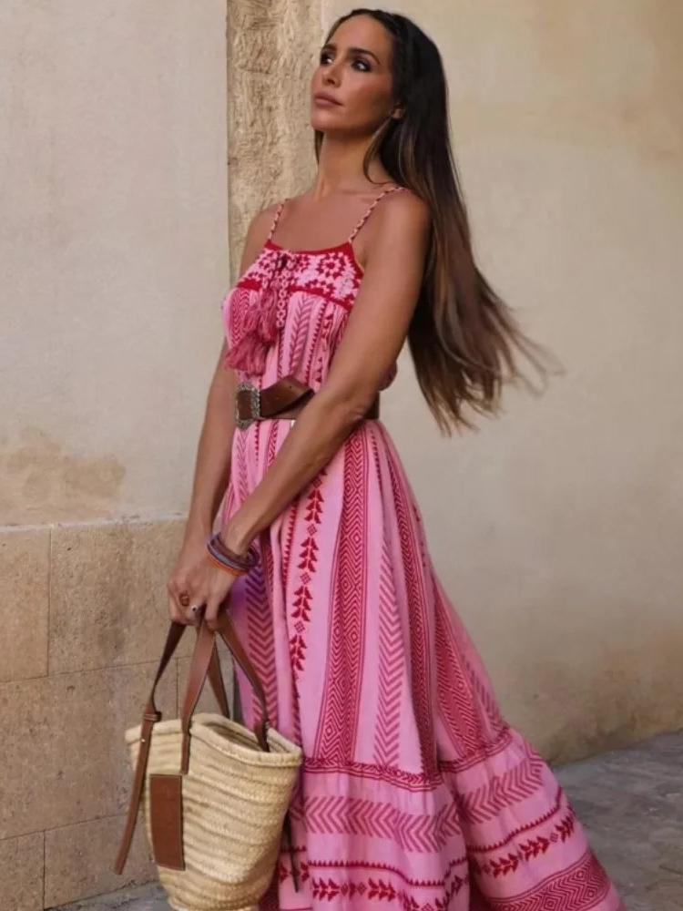 Summer Elegant Loose Sleeveless Sling Dress Women Designer Vintage Natural Off Shoulder Print Dresses Female Fashion Casual Thin Knit Clothing