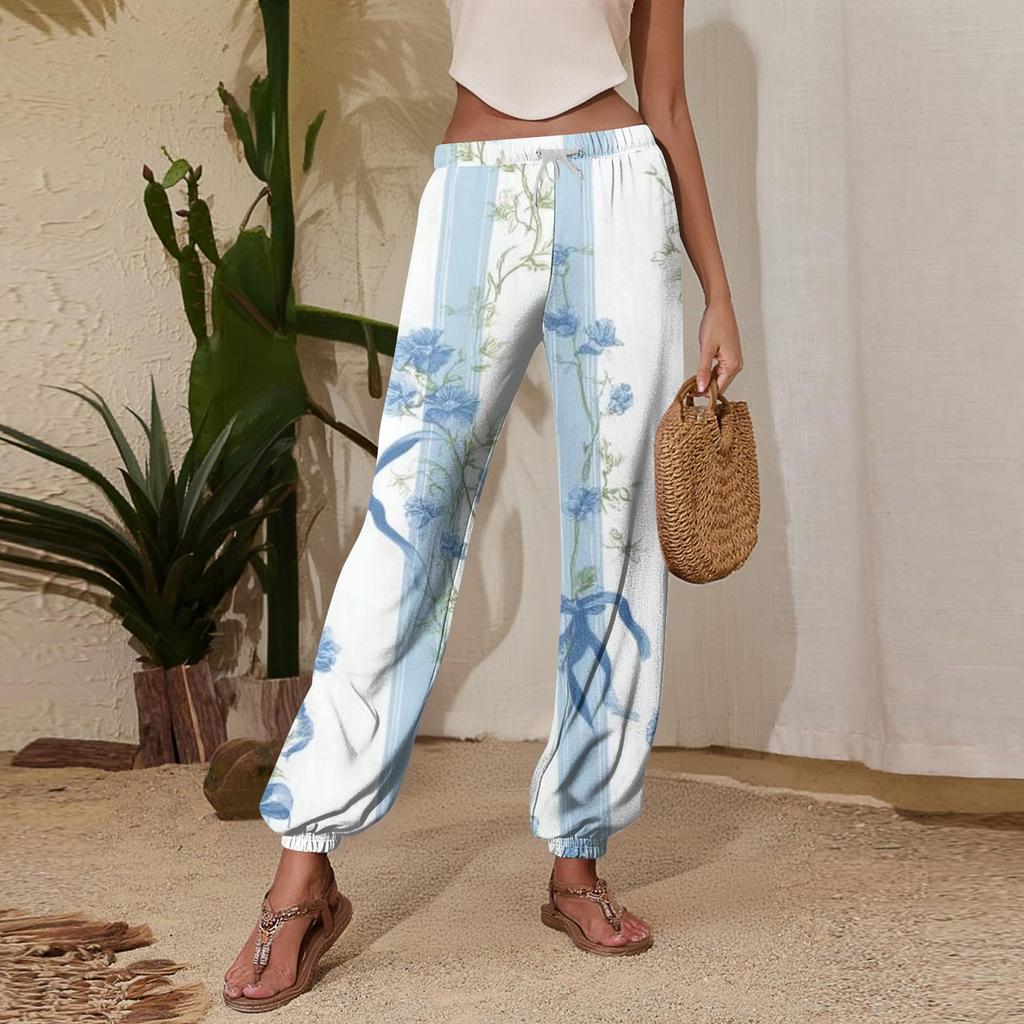 Women's Floral Print Casual Jogger Sweatpants with Elastic Drawstring Waist and Tapered Leg
