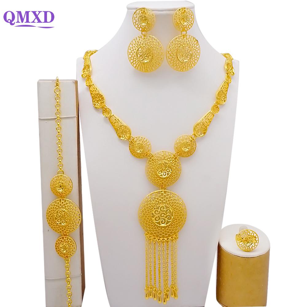 Set de bijuterii de culoare aurie din Dubai indian pentru femei Set de colier lung de mireasă, colier nigerian, bratara, cercei, seturi de inele