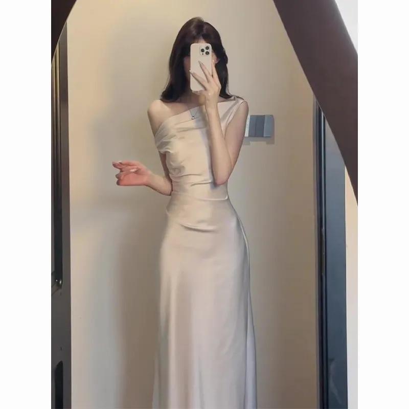 French Style High-end Sloping Collar Slant-shoulder Dress with Waist and Hip Acetate Satin New Summer Long Skirt