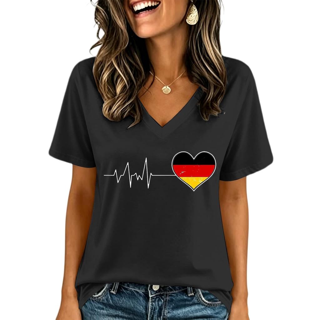 Damen Freizeit V-Ausschnitt Kurzarm T-Shirt Herzschlaglinie Deutschlandflagge Grafik T-Shirt Oberteil Weich Leicht Sommerbluse