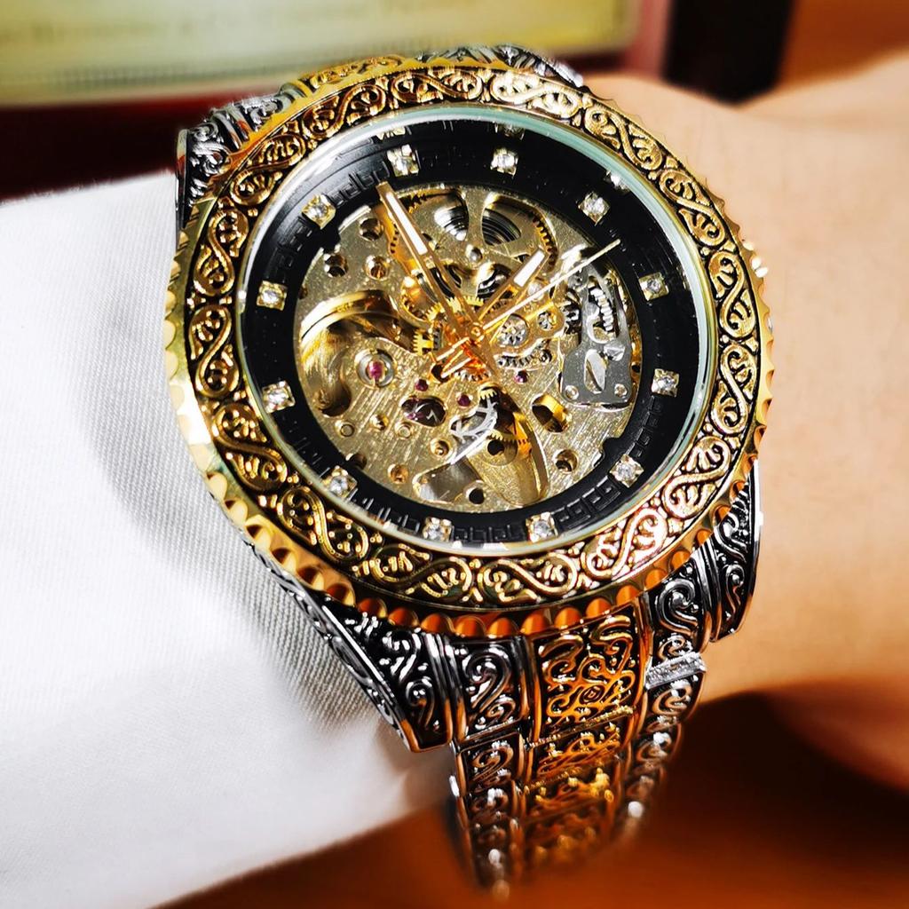 WINNER Vintage Engraved Skeleton Mechanical Watch for Men Rotating Bezel Stainless Steel Strap Luminous Automatic Mens Watches